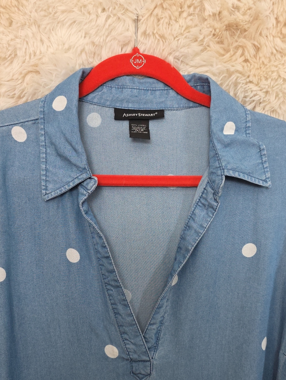 Ashley Stewart Blue Polka Dot Lyocell Shirt Dress 14/16 Roll Tab Sleeves Plus Si - Picture 9 of 10